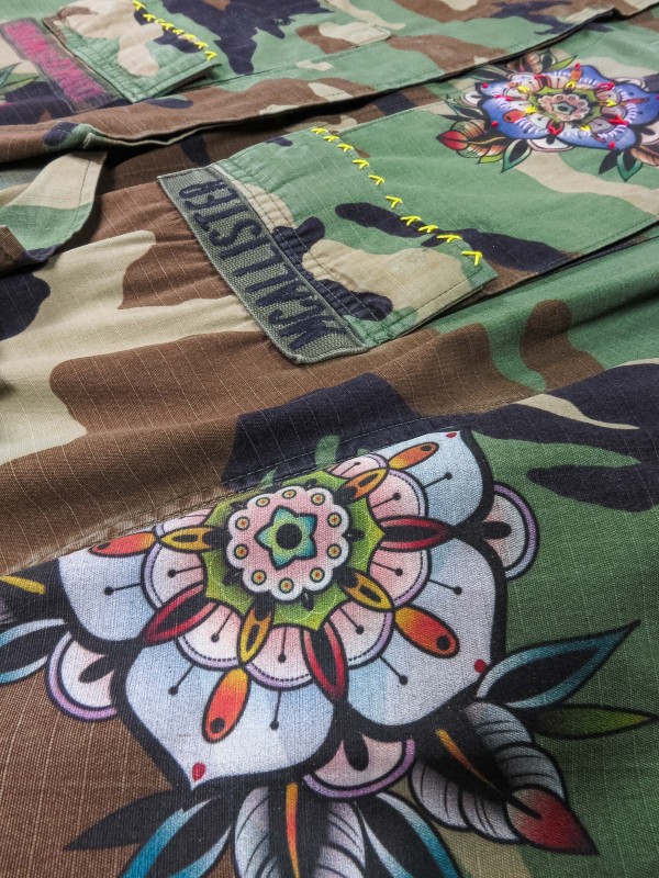 BDU camouflage shirt jacket with tattoo flowers