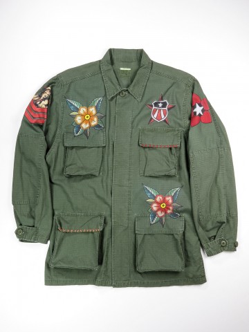 BDU green shirt jacket with old school tattoos