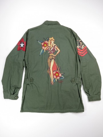 BDU green shirt jacket with old school tattoos