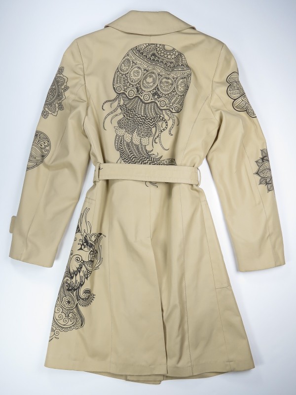 Beige trench coat with mandala design
