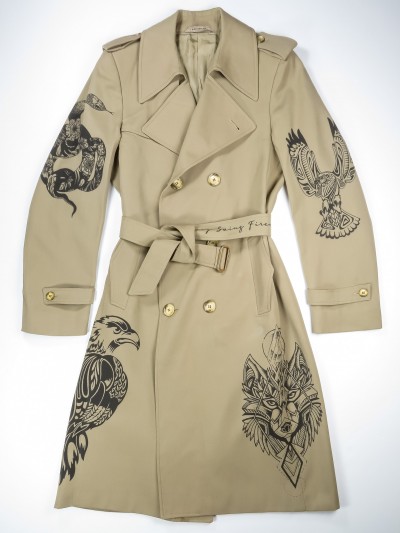 Beige trench coat with mandala animals