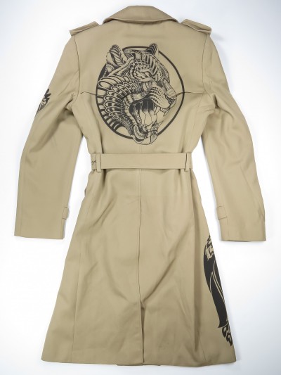Beige trench coat with mandala animals