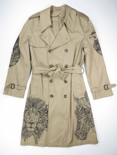 Beige trench coat with mandala animals
