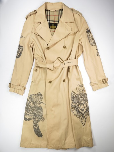 Cream trench coat with mandala animals