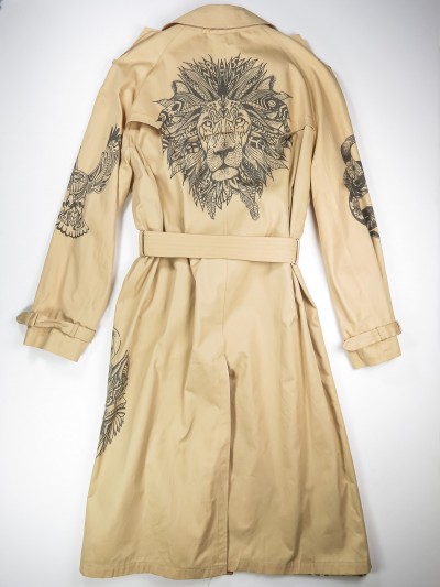 Cream trench coat with mandala animals
