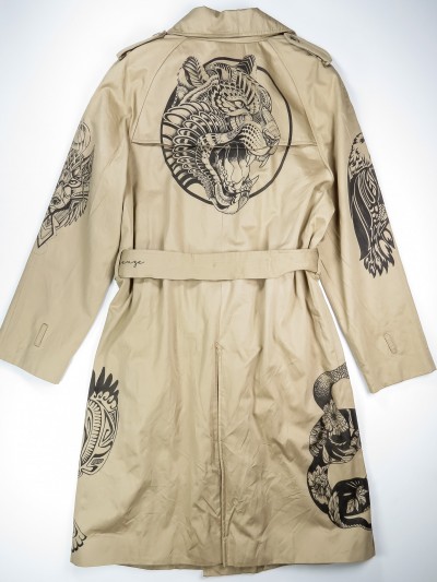 Beige trench coat with mandala animals