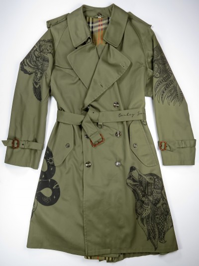 Green trench coat with mandala animals