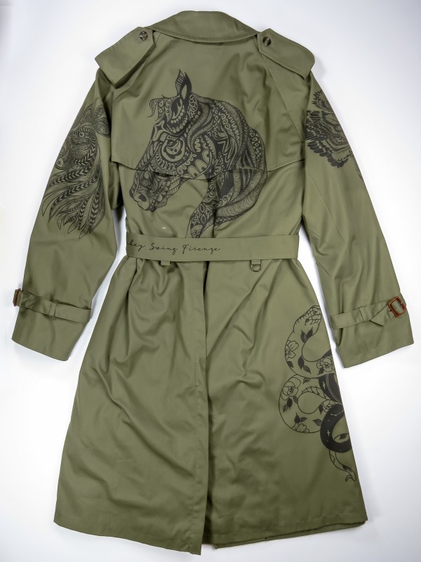 Green trench coat with mandala animals