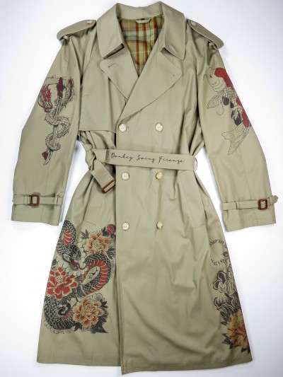 Grey-green trench coat with japanese tattoos