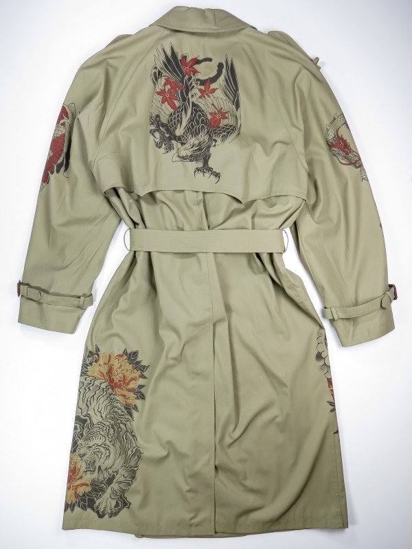 Grey-green trench coat with japanese tattoos