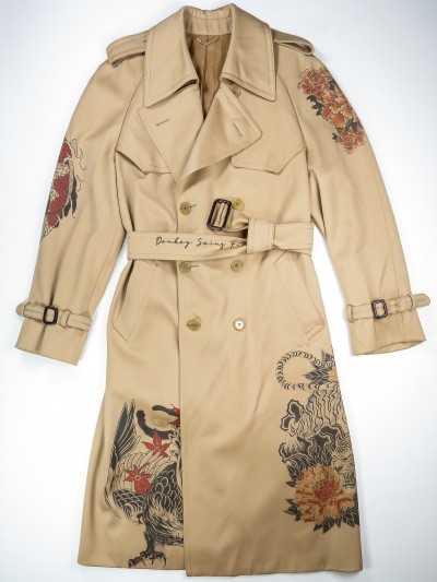 Peach trench coat with japanese tattoos